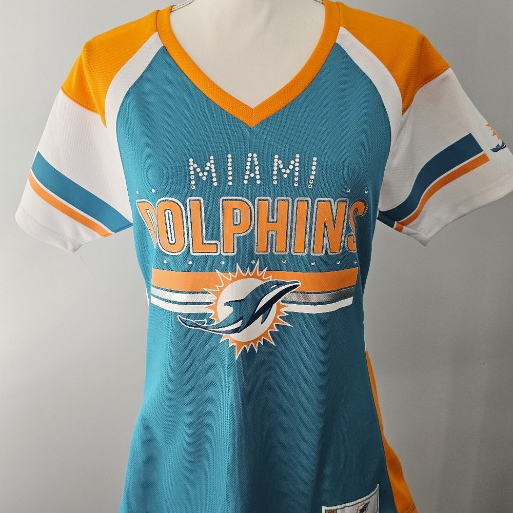 women's MAJESTIC fan fashion MIAMI DOLPHINS gameday SHIRT polyester RHINESTONES - Picture 2 of 8